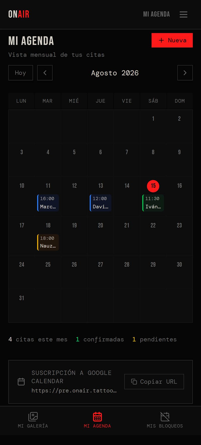 Agenda del artista en móvil